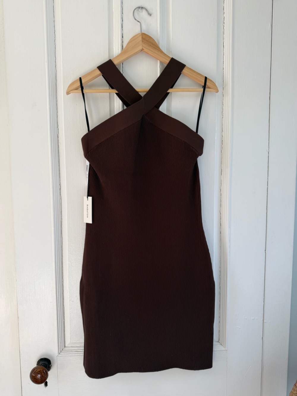 NWT Aritzia Babaton Sculpt Knit Criss Cross Mini Dress- Brown